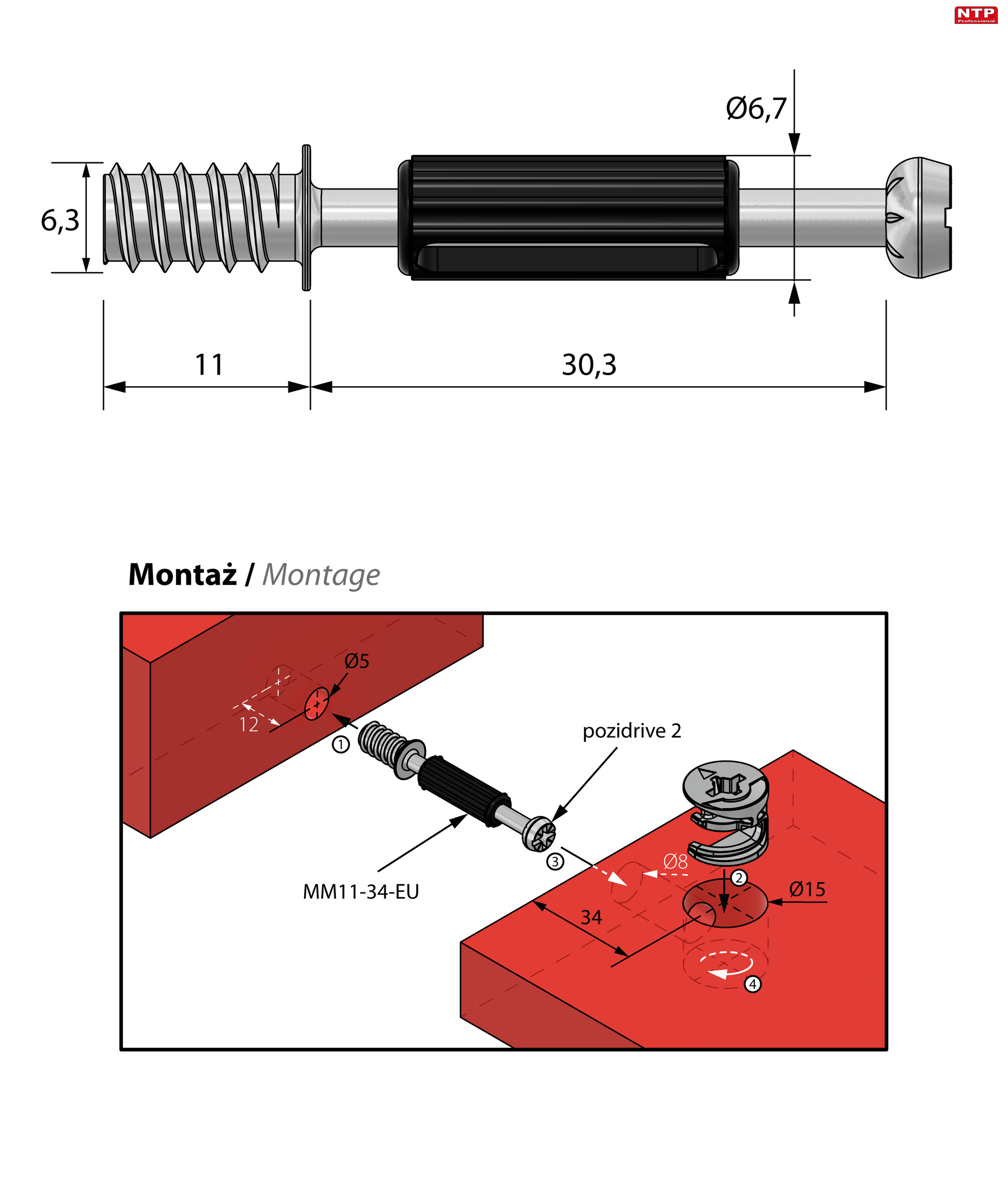 Zaczep mimośrodu 34mm euro rysunek techniczny