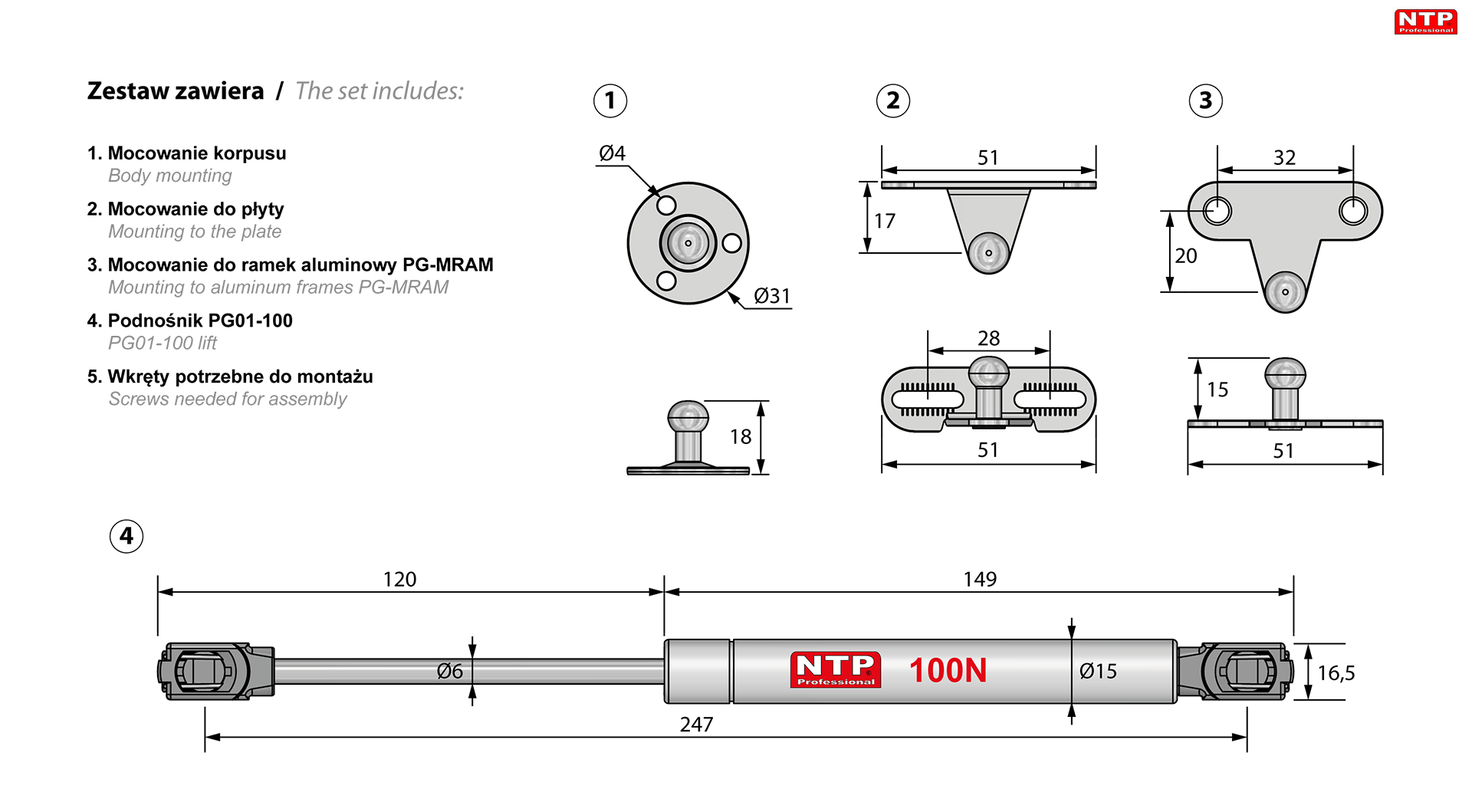 podnośniki gazowe 250mm rysunki techniczne