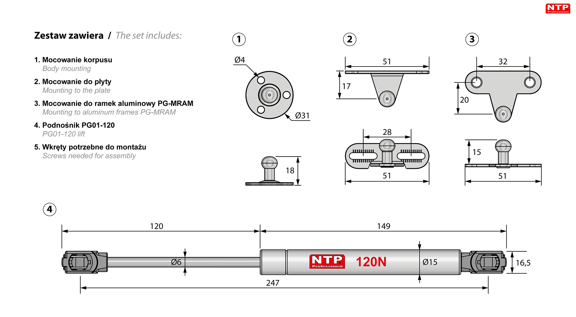 podnośniki gazowe 250mm rysunki techniczne