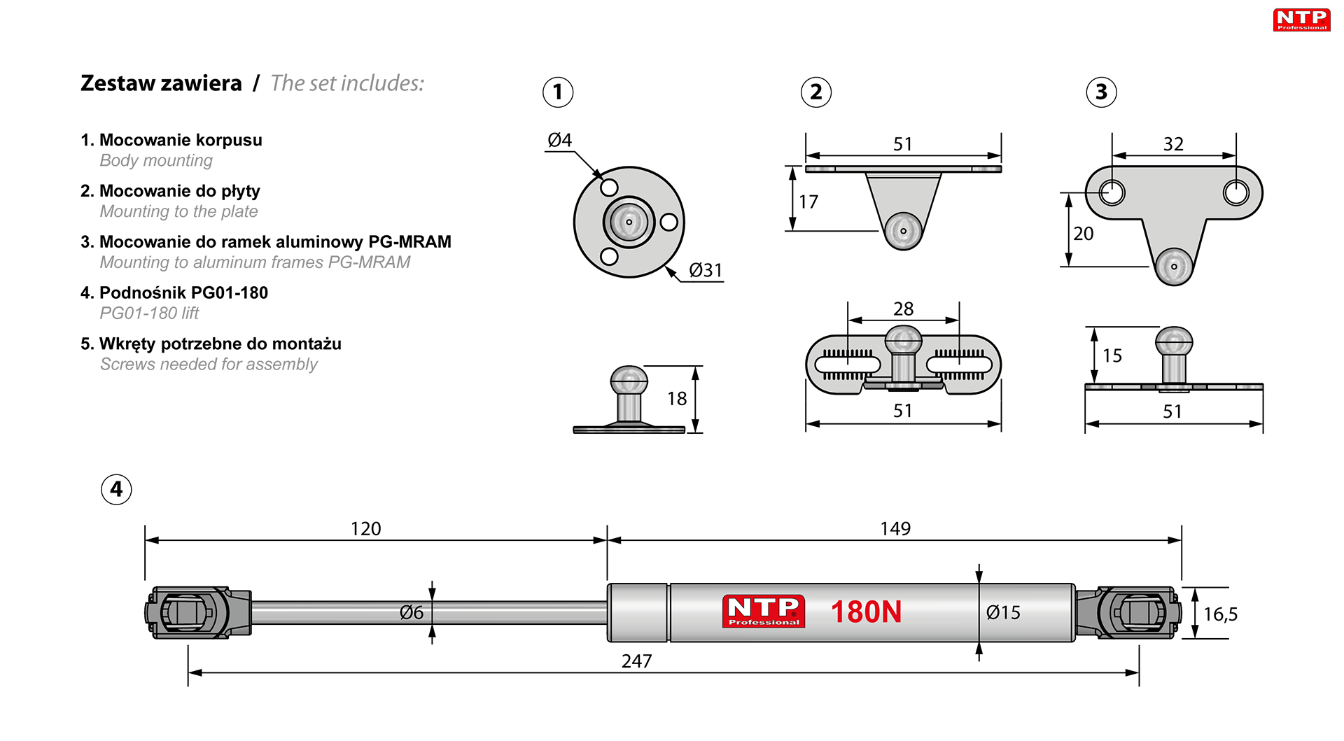 podnośniki gazowe 250mm rysunki techniczne