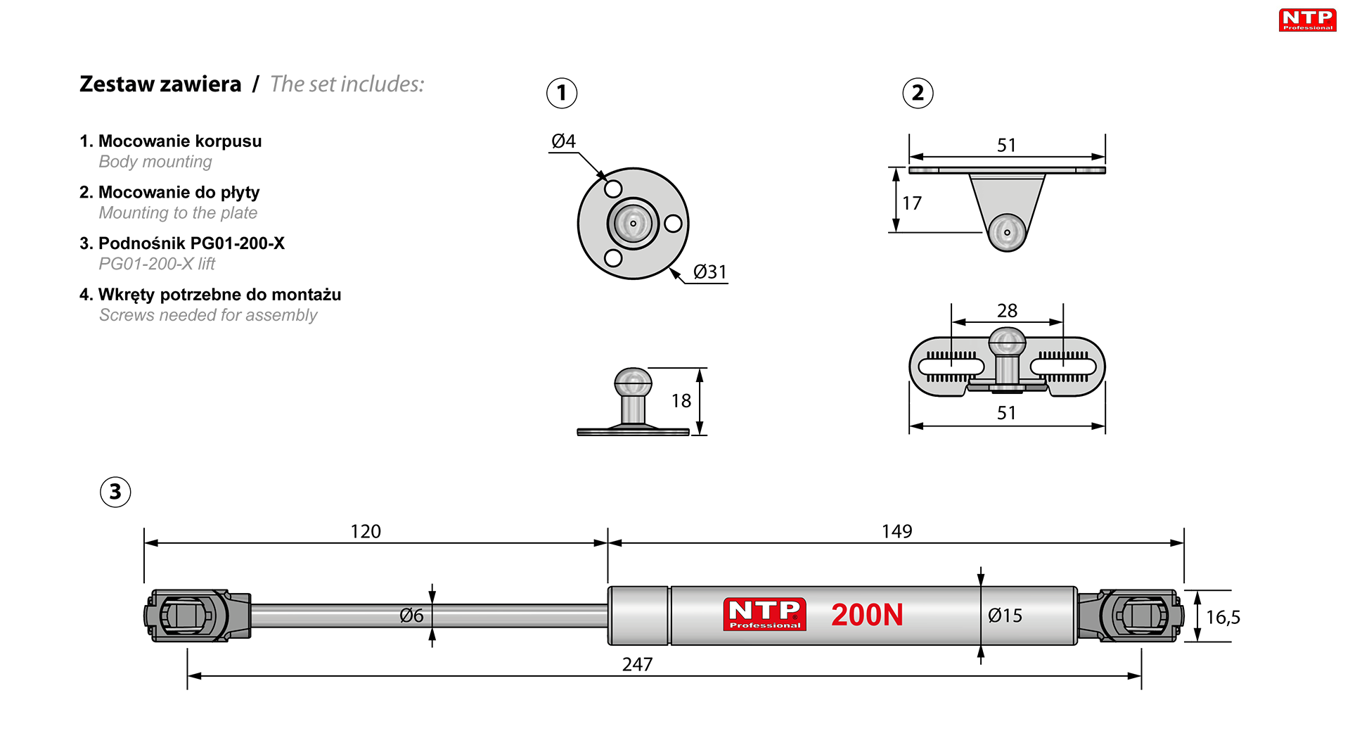 podnośniki gazowe 250mm rysunki techniczne