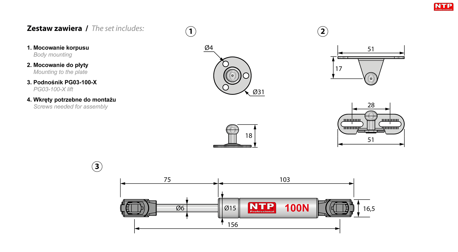 podnośniki gazowe 160mm rysunki techniczne