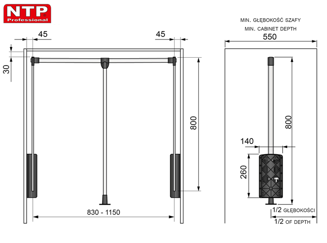 PANTOGRAF NTP 830-1150 rysunki techniczne