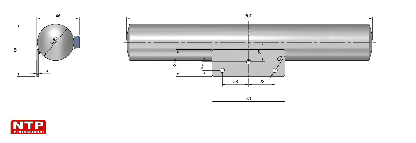 Nóżka meblowa 40x150mm rysunek techniczny