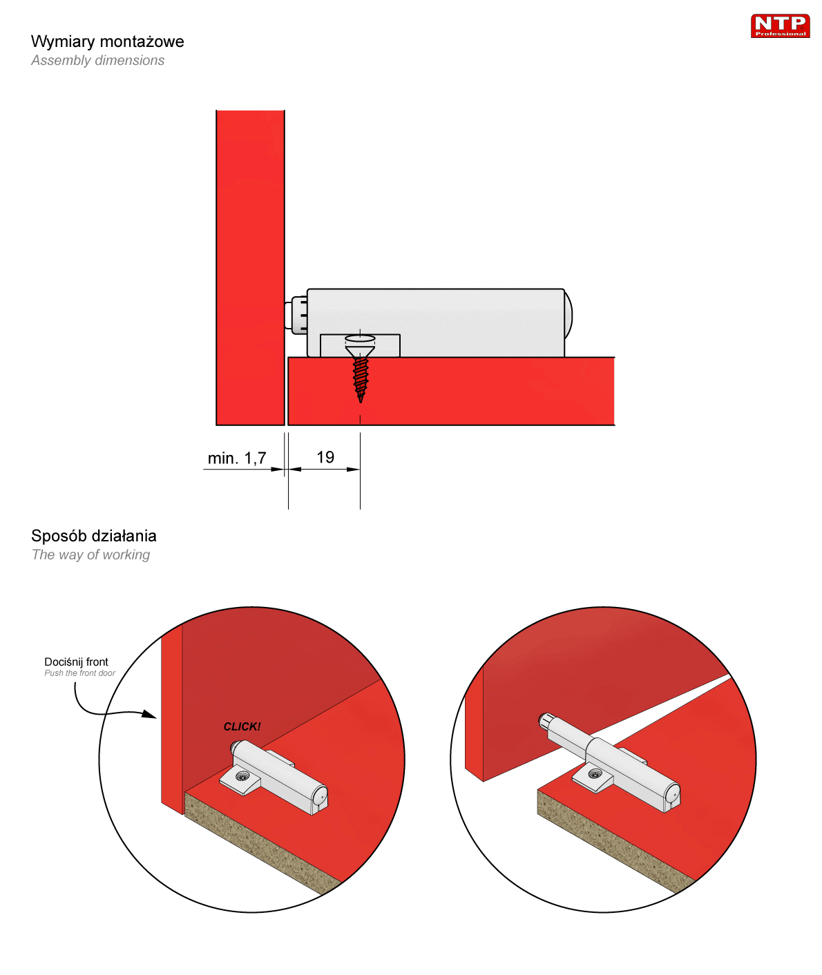 zatrzask do drzwi bezuchwytowych, biały (tip-on) rysunek techniczny