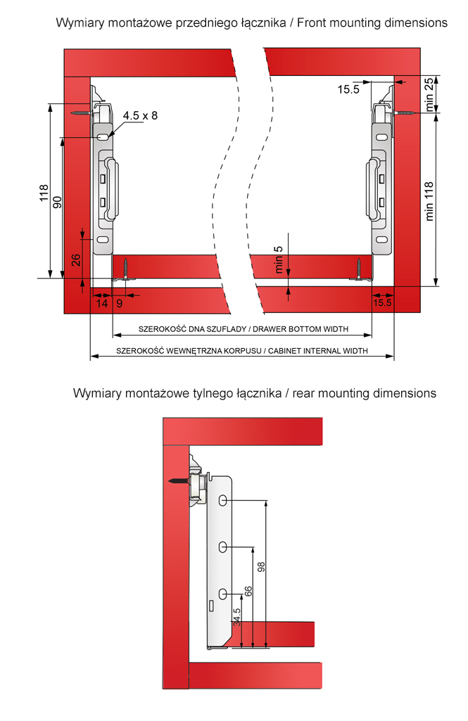 Wymiary montażowe i regulacja metalboxu H-118