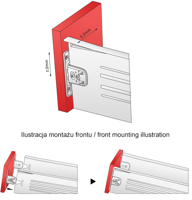 regulacja frontu i ilustacja montażowa metalboxu h=150