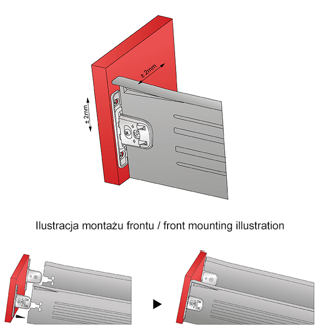 regulacja frontu i ilustacja montażowa metalboxu h=118