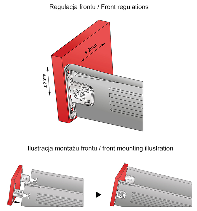regulacja frontu i ilustacja montażowa metalboxu h=86